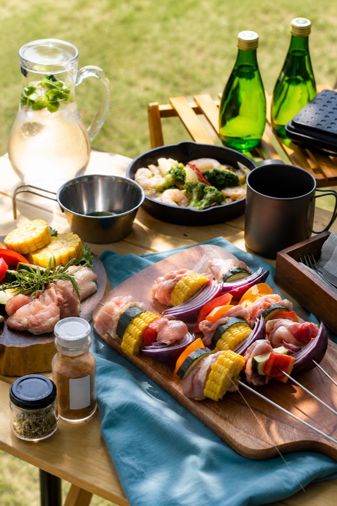 Ingredients laid out for a barbecue on the deck