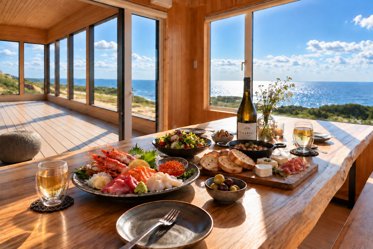 A table of fresh seafood and dishes overlooking the sea